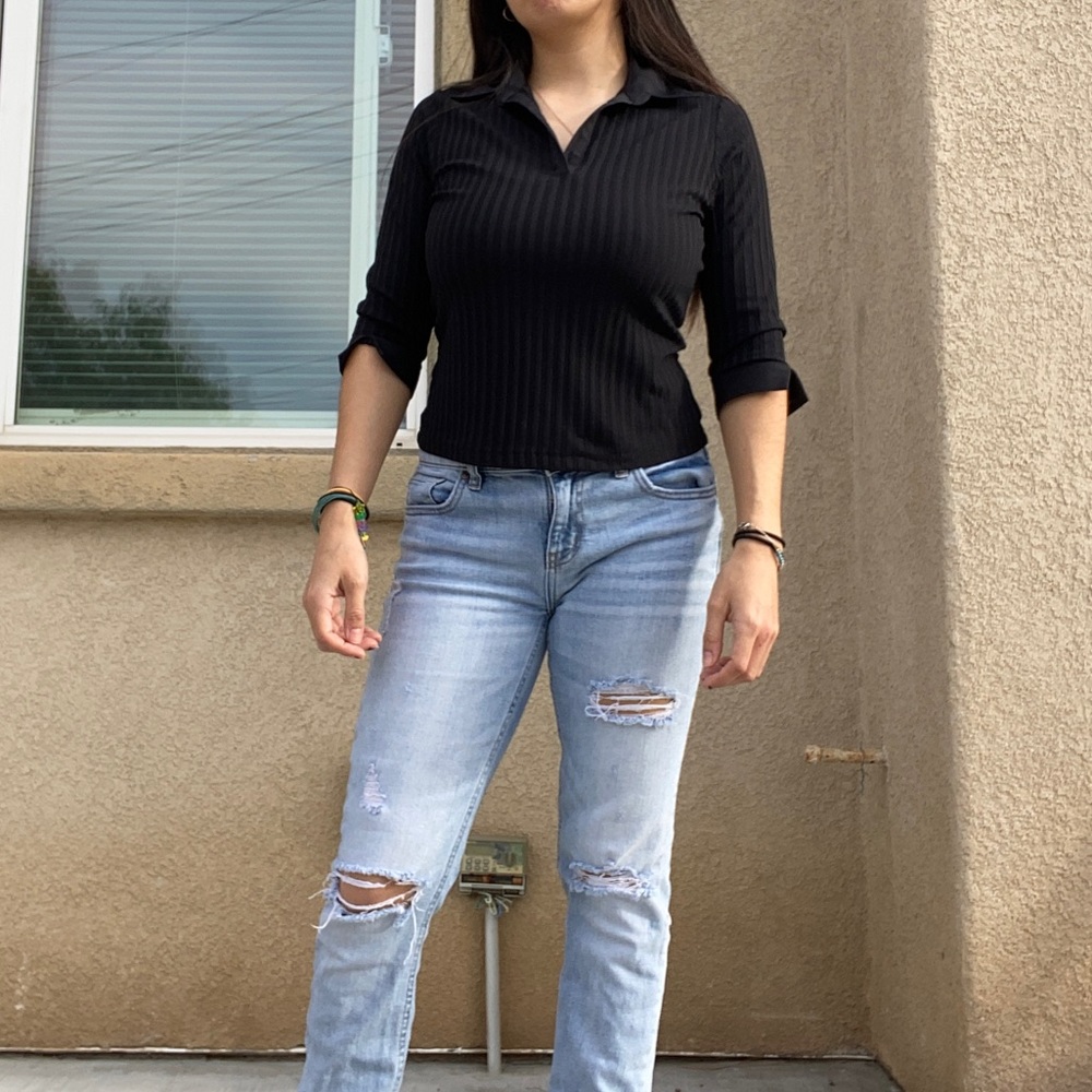 Vintage Aqua Blues Black Quarter Sleeve Ribbed Shirt size M